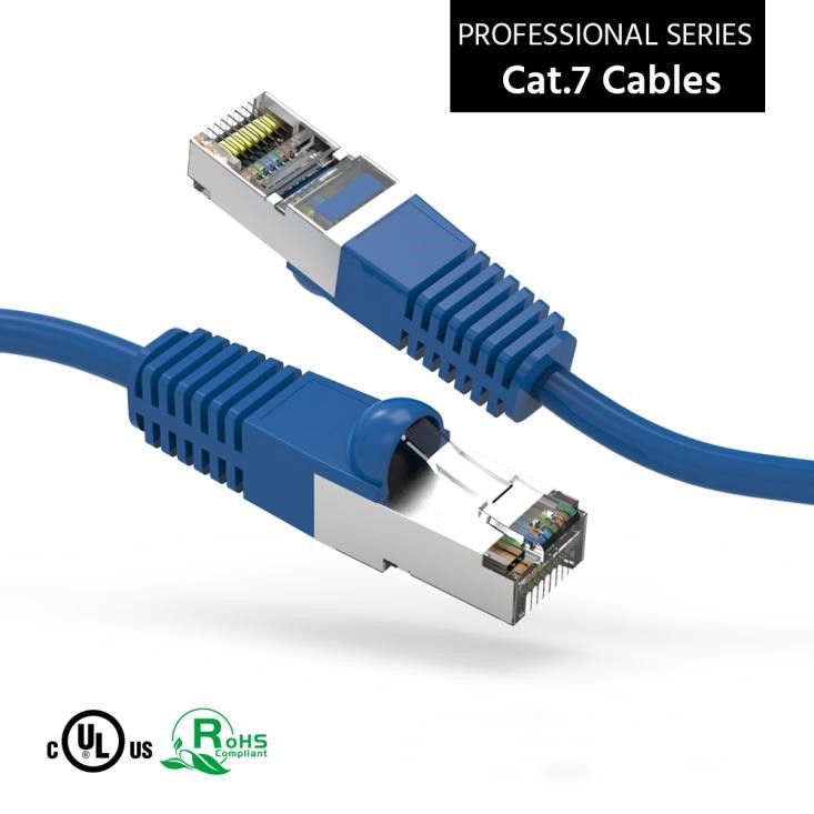 A Nippon Labs Cat7 cable with two connectors on display.